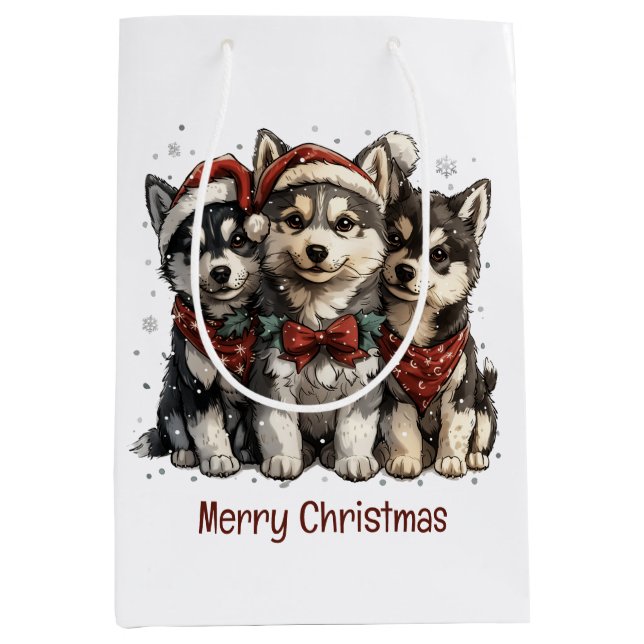 Merry Christmas Husky Dogs Medium Gift Bag (Front)