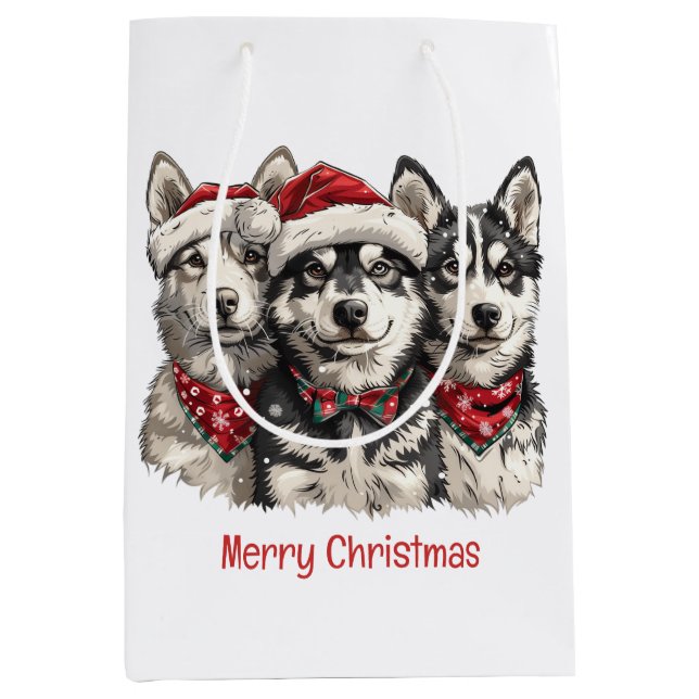 Merry Christmas Husky Dogs Medium Gift Bag (Front)