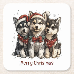 Merry Christmas Husky Dogs Square Paper Coaster