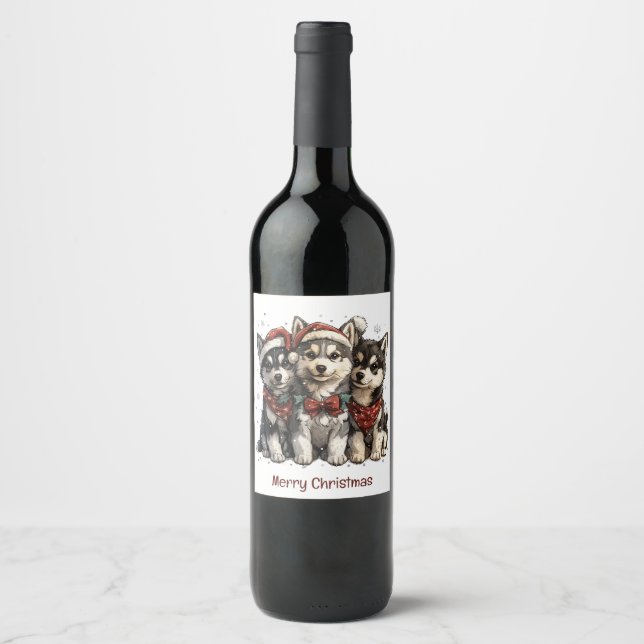 Merry Christmas Husky Dogs Wine Label (Front)