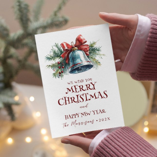 Merry Christmas I Happy New Year Pine Bell Holiday Card (Creator Uploaded)