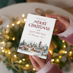 Merry Christmas I Happy New Year Winter Village Holiday Card