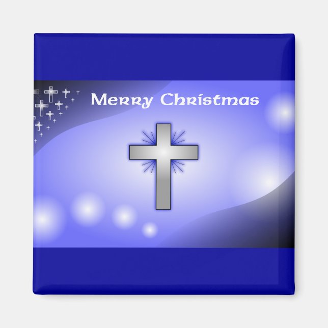 Merry Christmas Ice Blue Glowing Cross Magnet (Front)