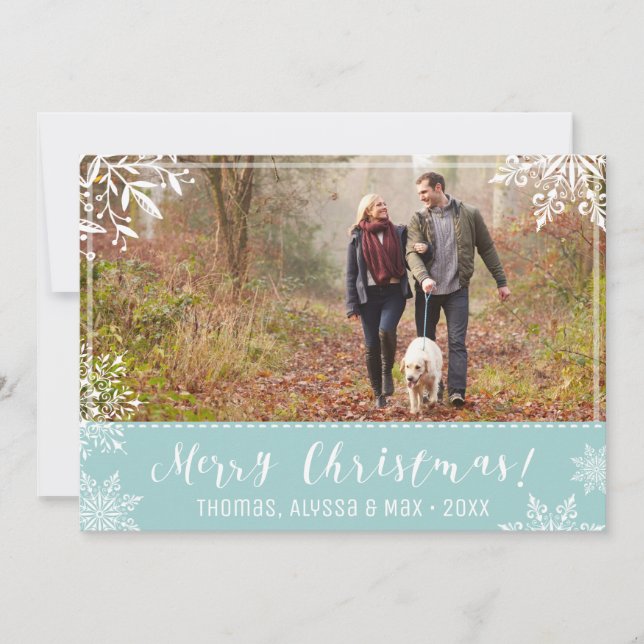 Merry Christmas Ice Blue & Snow Personalised Photo Holiday Card (Front)