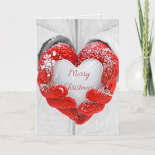 Merry Christmas ice heart in red gloves Card