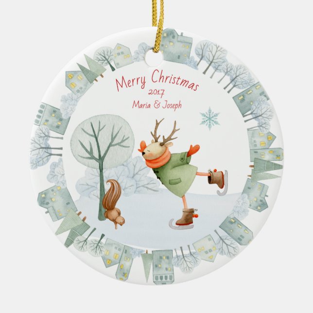 Merry Christmas Ice Skating Deer in Winter on Ceramic Tree Decoration (Front)