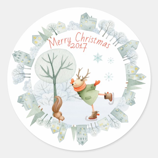 Merry Christmas Ice Skating Deer in Winter on Classic Round Sticker (Front)