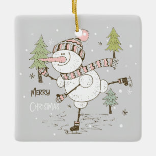 Merry Christmas Ice Skating Snowman  Ceramic Ornament