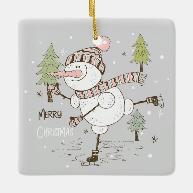 Merry Christmas Ice Skating Snowman  Ceramic Ornament (Front)