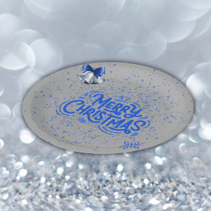 Merry Christmas in Blue on Silver   Paper Plate