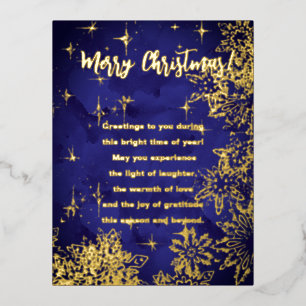 Merry Christmas in bluewith snowflakes and stars Foil Holiday Postcard