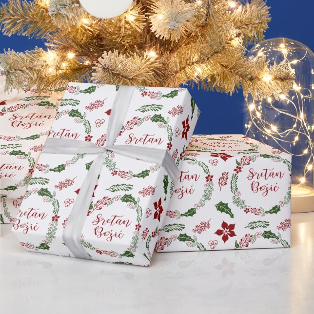 Merry Christmas in Bosnian, Croatian Sretan Božić  Wrapping Paper (Holidays)