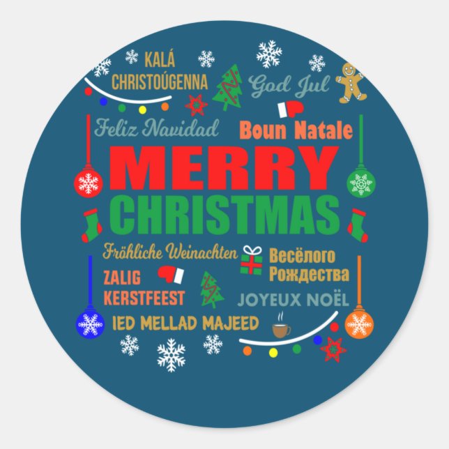 Merry Christmas In Different Languages Xmas Classic Round Sticker (Front)
