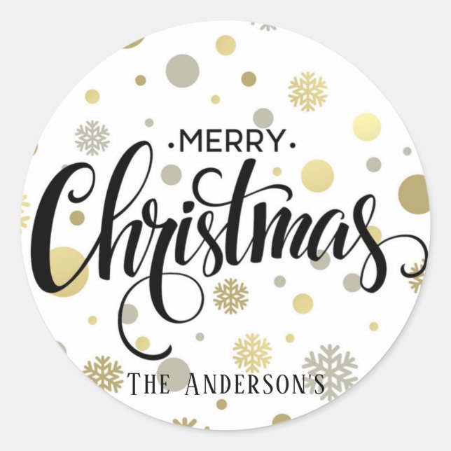 Merry Christmas in Gold and Silver Snow Customise Classic Round Sticker (Front)