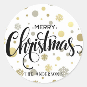 Merry Christmas in Gold and Silver Snow Customise Classic Round Sticker