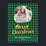 Merry Christmas in Gold Green Plaid Photo Card<br><div class="desc">Merry Christmas in Gold Green Plaid Photo Card. Customise with any text. Matching items available.</div>