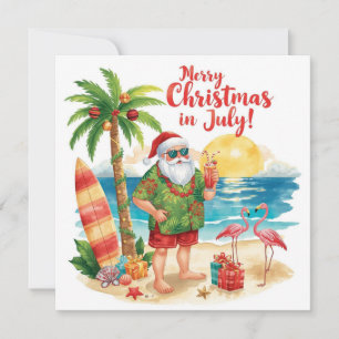 Merry Christmas in July at beach with Santa Holiday Card