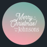 Merry Christmas in July Pink Green Ombre Classic Round Sticker<br><div class="desc">This is a stylish, Christmas in July design. It is in pink and green ombre colours and vintage typography script. It has the message, "Merry Christmas! in July! from the Johnsons". Ideal for your Christmas in July gift wrap, mailing accessories. envelope seals, and party favour seals. To personalise, simply add...</div>