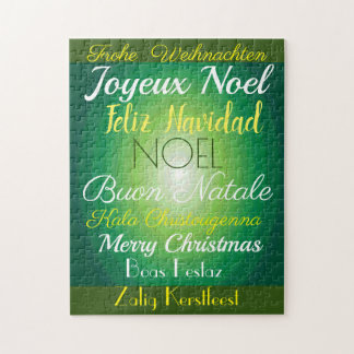 “Merry Christmas!” In Many Languages on Green Jigsaw Puzzle