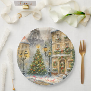 Merry Christmas in Paris Watercolor Eiffel Tower Paper Plate