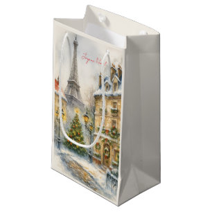 Merry Christmas in Paris Watercolor Eiffel Tower  Small Gift Bag
