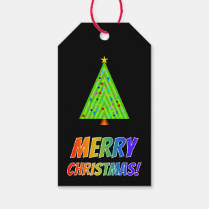 "MERRY CHRISTMAS!" in Rainbow Text, Christmas Tree Gift Tags