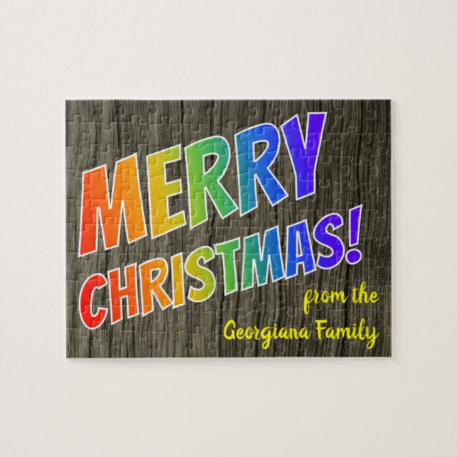"MERRY CHRISTMAS!" in Rainbow Text, Faux Wood Look Jigsaw Puzzle (Horizontal)