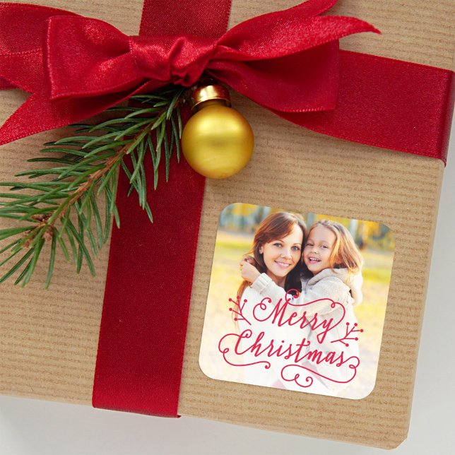Merry Christmas in Red Script Holiday Photo Square Sticker (Creator Uploaded)