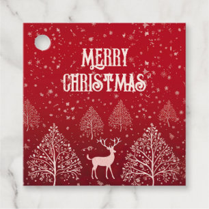 Merry Christmas in red with deer and snowflakes Favour Tags
