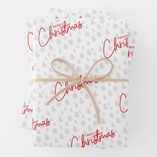 Merry Christmas in Red with Gray Christmas Trees Wrapping Paper Sheet