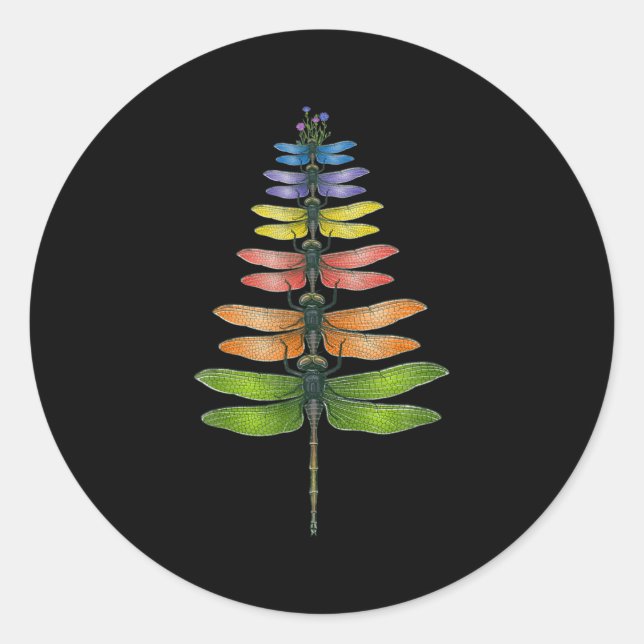 Merry Christmas Insect Dragonfly Xmas Tree  Classic Round Sticker (Front)