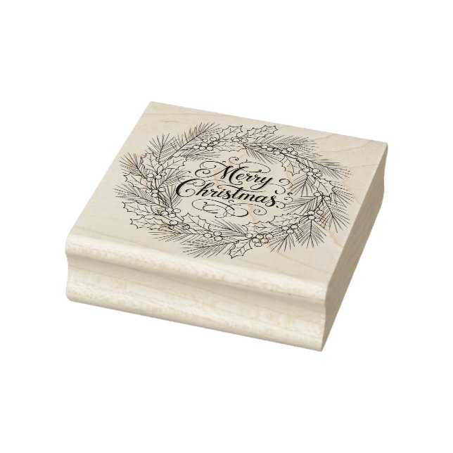 Merry Christmas inside Pine Wreath for Rubber Stamp (Stamp)