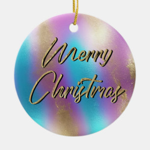 Merry Christmas Iridescent Rainbow Glam Ceramic Tree Decoration