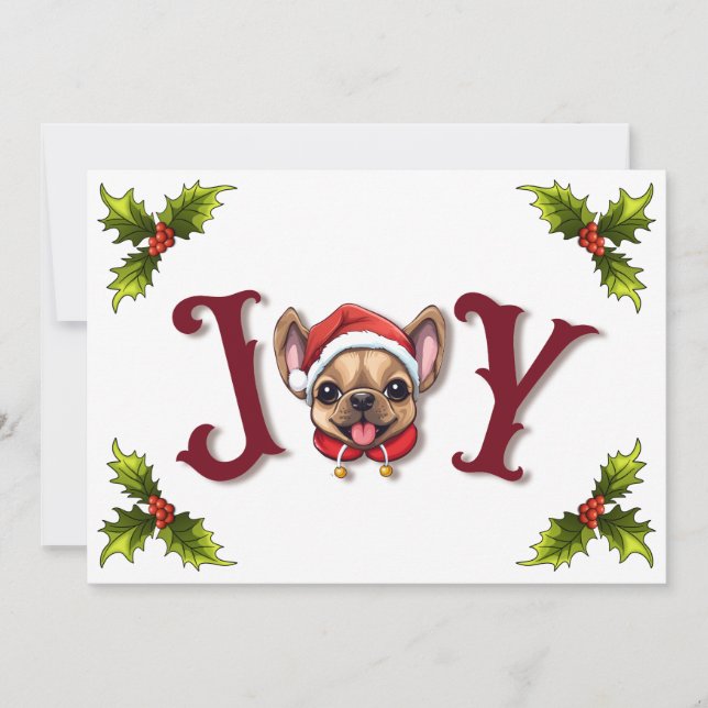 Merry Christmas Joy Cute French Bulldog holly Holiday Card (Front)