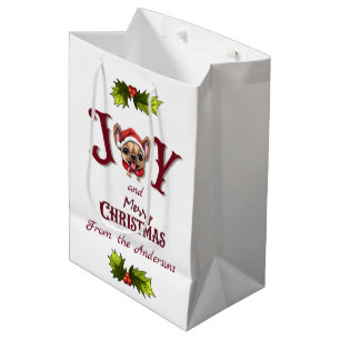 Merry Christmas Joy Cute French Bulldog holly Medium Gift Bag