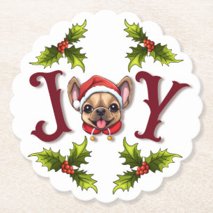 Merry Christmas Joy Cute French Bulldog holly  Paper Coaster