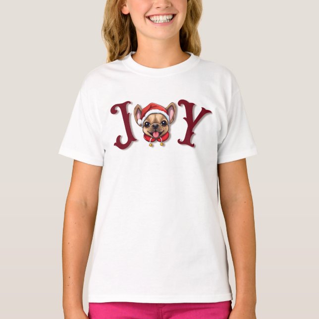 Merry Christmas Joy Cute French Bulldog holly  T-Shirt (Front)