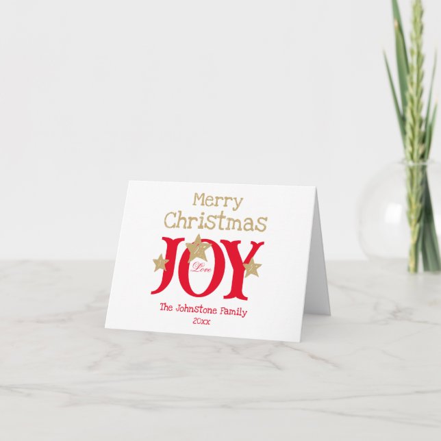 Merry Christmas Joy  Elegant Script Red White Gold Holiday Card (Front)