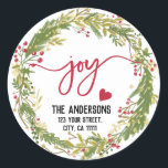 Merry Christmas Joy Holly Wreath Rustic Typography Classic Round Sticker<br><div class="desc">Merry Christmas Joy Holly Wreath Return Address Labels,  Rustic Typography with glitter greenery</div>