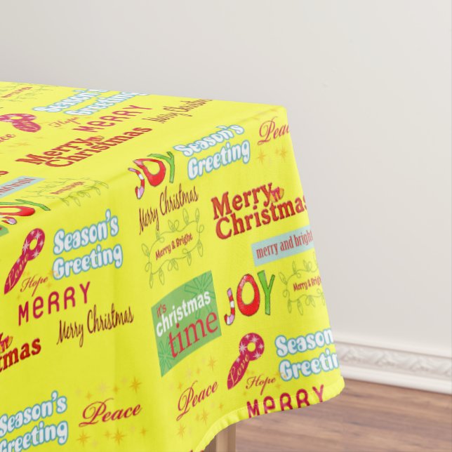 Merry Christmas, Joy, Seasons Greetings, Yellow Tablecloth (In Situ)