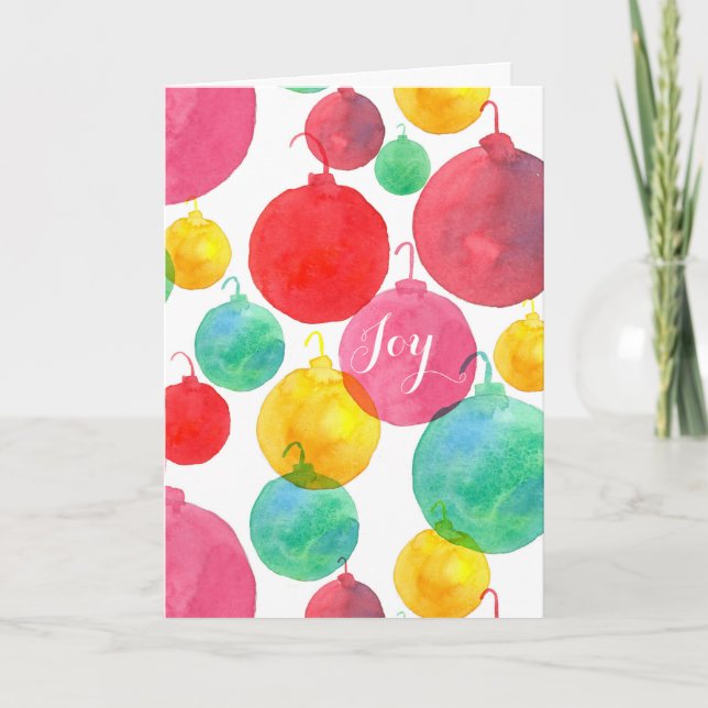 Merry Christmas Joy Watercolor Ornaments Holiday Card (Front)