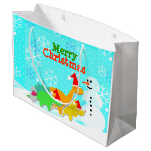 Merry Christmas Kawaii Dinosaurs Snowman Large Gift Bag