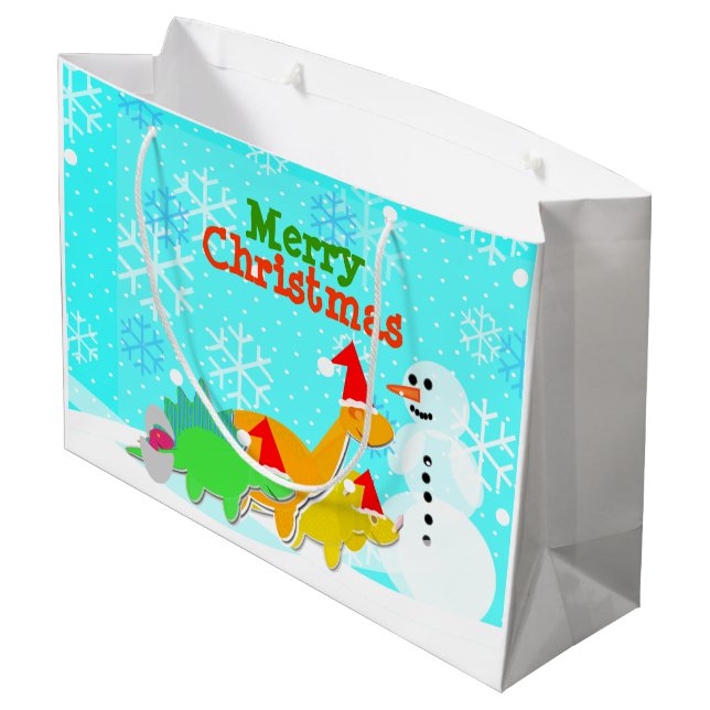 Merry Christmas Kawaii Dinosaurs Snowman Large Gift Bag (Back Angled)