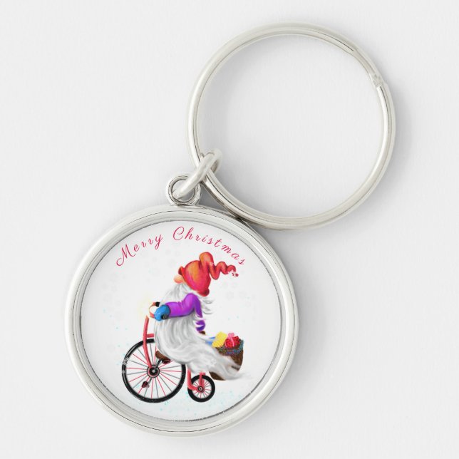 Merry Christmas Keychain Gnome with Bike and Gifts (Front)