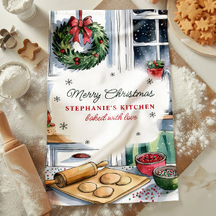 Merry Christmas Kitchen Baking Scene Personalised Tea Towel