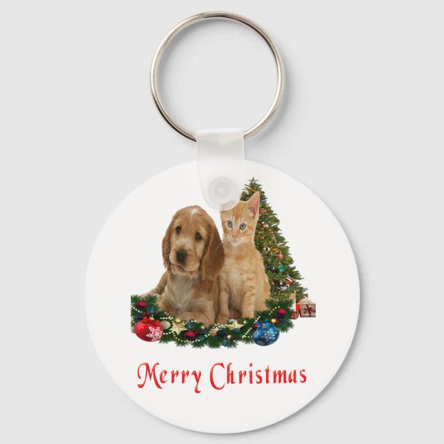 Merry Christmas Kitten and puppy keychain (Front)