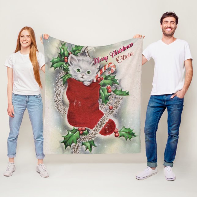 Merry Christmas Kitten Red Stocking Candy Cane Fleece Blanket (In Situ)