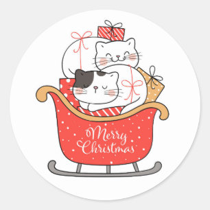 Merry Christmas Kittens in Sleigh  Classic Round Sticker