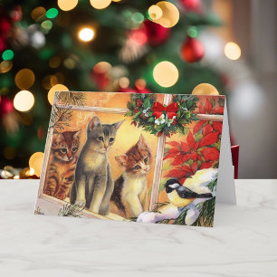 Merry Christmas Kitty Cats Birdwatching Peace Joy Holiday Card