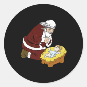 Merry Christmas Kneeling Santa Claus With Ba Classic Round Sticker